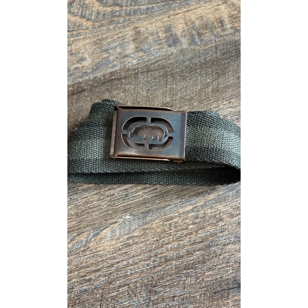 Ecko Unltd Mens Green Cotton Web Belt Size 34 Rhino Logo Military Buckle Olive